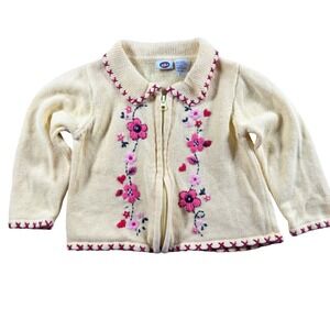 Kiks Yellow Floral Embroidered Zip Up Knit Cardigan Sweater Girls 3T grandmacore